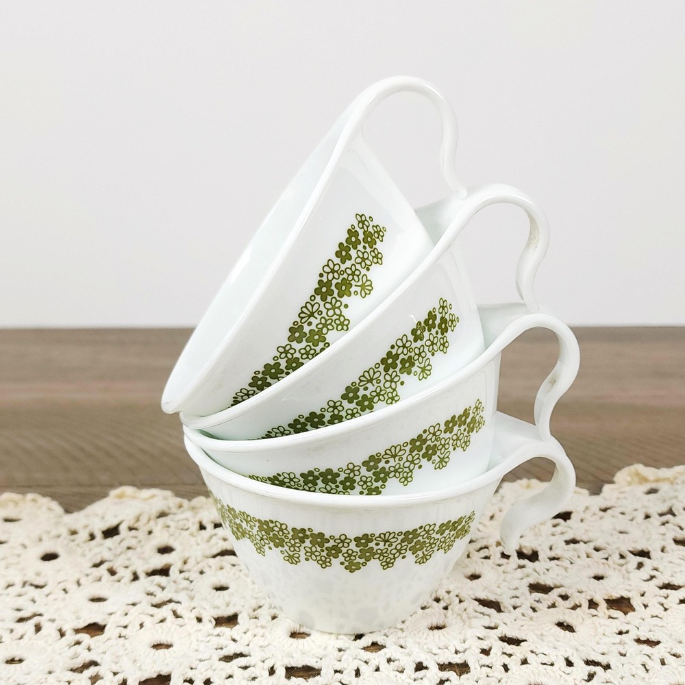 Set of 4 Corelle Spring Blossom Coffee Mugs - Green Crazy Daisy Hook Cups